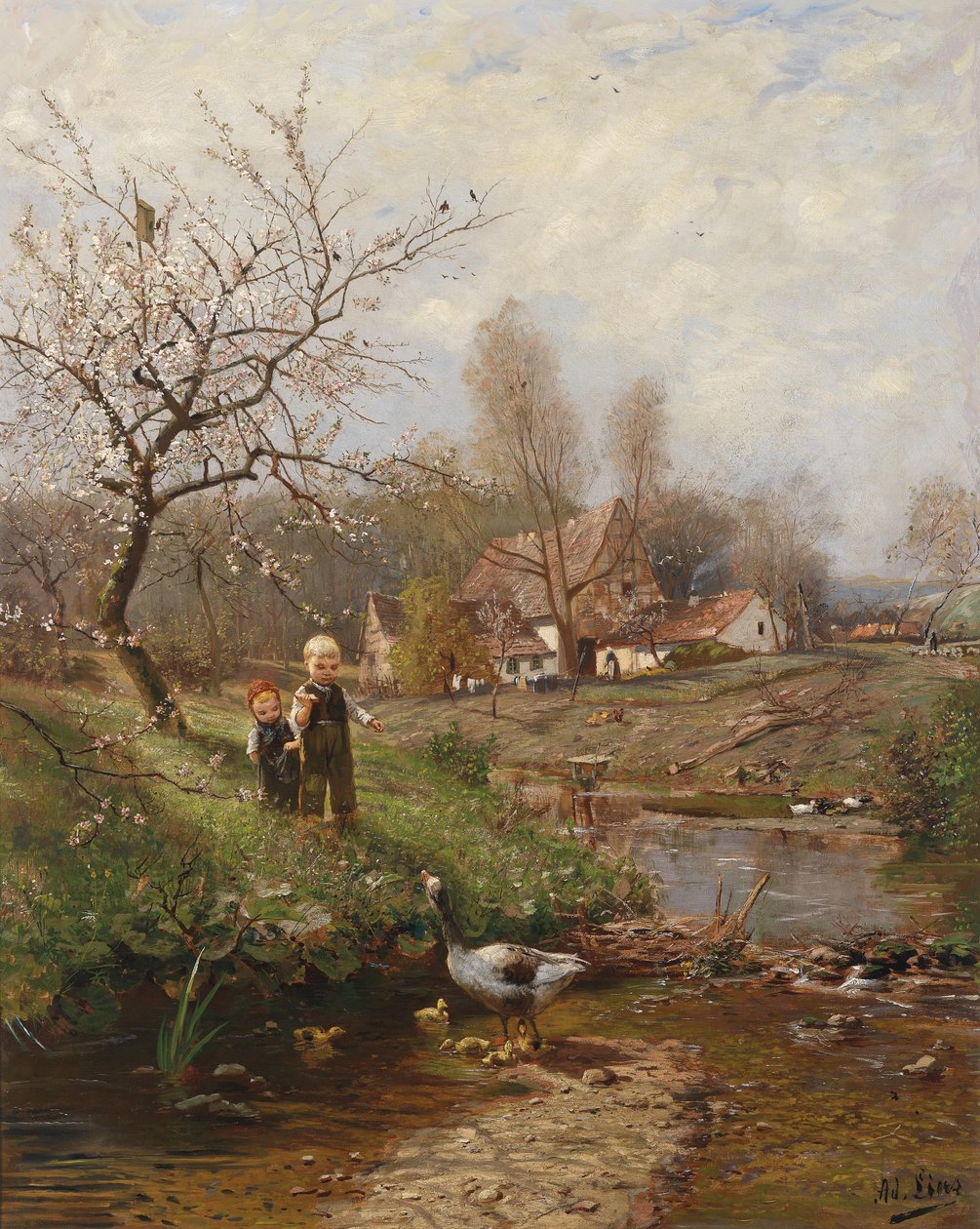Forårslandskab med to børn og gæs af Adolf Lins