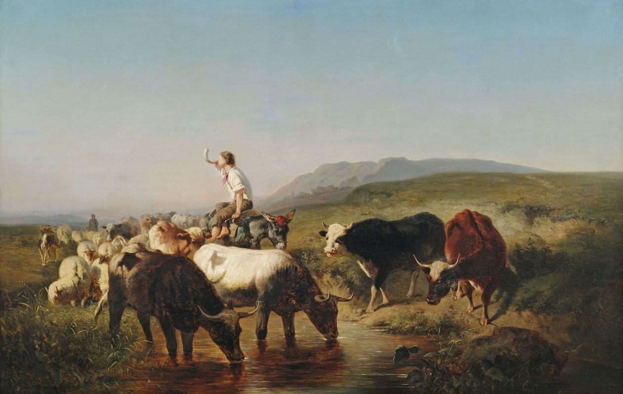 Besætning af kvæg og får med en hyrdepige, der rider på et æsel i et bredt landskab af Adolf Schreyer