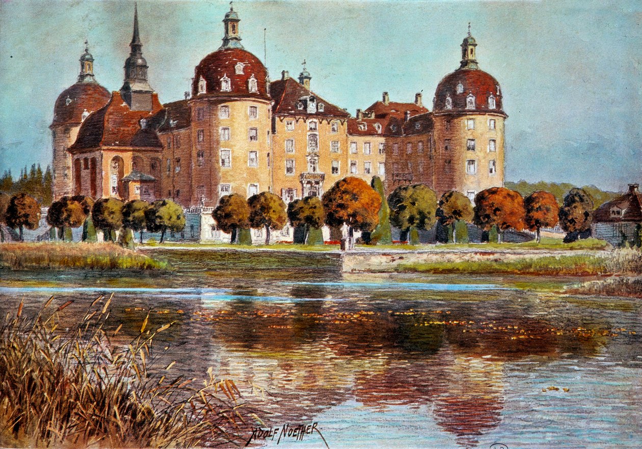 Udsigt over slottet Moritzbourg Tryk af Adolphe Nother (1855-?) Paris fra det 19. århundrede, dekorativ kunst af Adolf Noether