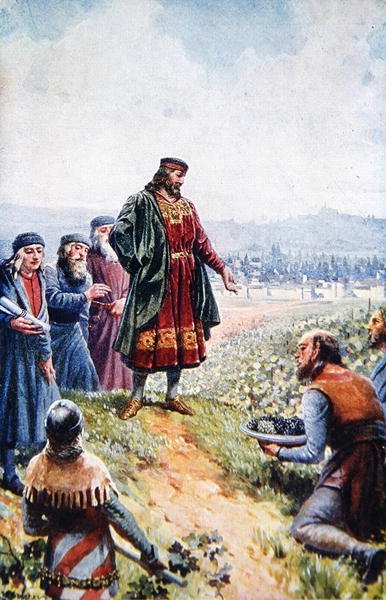 Charles IV inspicerer druer under sin tilskyndelse til vinfremstilling i Bøhmen, begyndelsen af det tyvende århundrede (farve litho) af Adolf (after) Liebscher