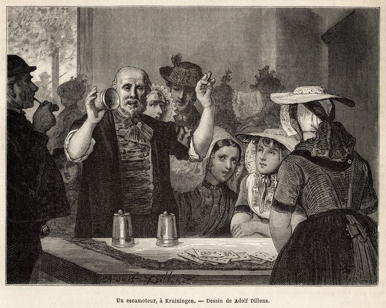 En retraktor, i en kro i Kruiningen, laver sit nummer foran opmærksomme tilskuere, indgraveret efter tegningen af Adolf Dillens, der illustrerer en rejse til Zelande (Neerlande), i 1873, af Charles de Coster, udgivet i "Le tour du monde ” 1874, redigeret af Adolf Alexander Dillens