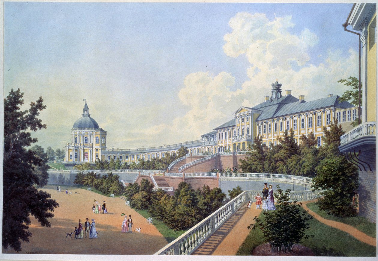 Det store palads i Oranienbaum (Ruslands kongelige residens), beliggende i Lomonossov i byområdet Sankt Petersborg (Det store Oranienbaum-palads). Maleri af Adolf Bezemann (1806-1867). Akvarel på papir af Adolf Besemann
