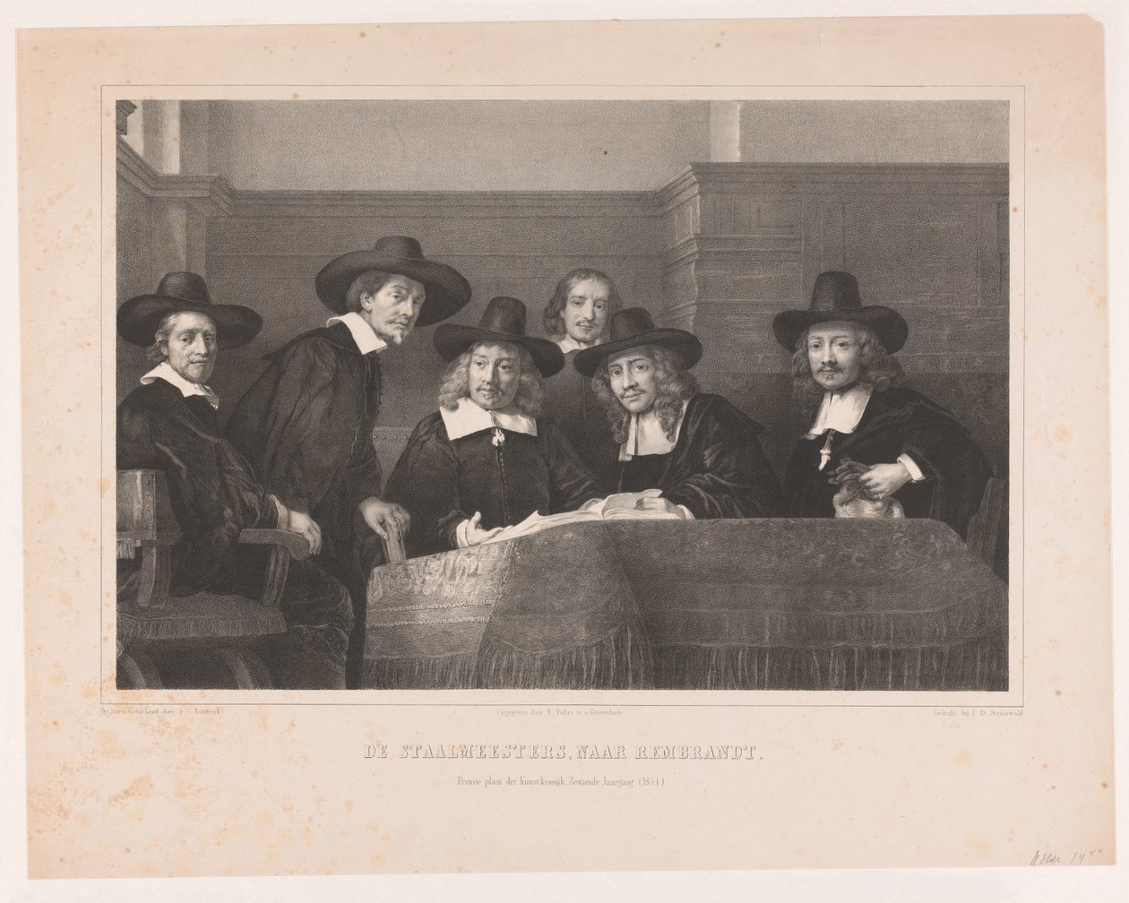 De Staalmeesters: kollegiet for prøvemestre (waardijns) i Amsterdams tøjmagerlaug De Staalmeesters, efter Rembrandt / Premium plate der Kunstkronijk, Sixteenth Volume (1854) (titel på objekt) af Adolf Carel Nunnink