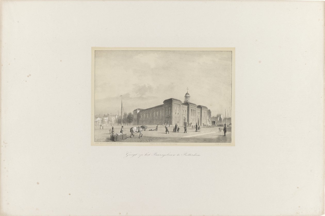 Udsigt over Beursgebouw i Rotterdam, 1854 Udsigt over Beursgebouw i Rotterdam (titel på objekt) Society for Promotion of Toonkunst, dets musikfestival og byen Rotterdam. minde om året 1854 (serietitel på objekt) af Adolf Carel Nunnink