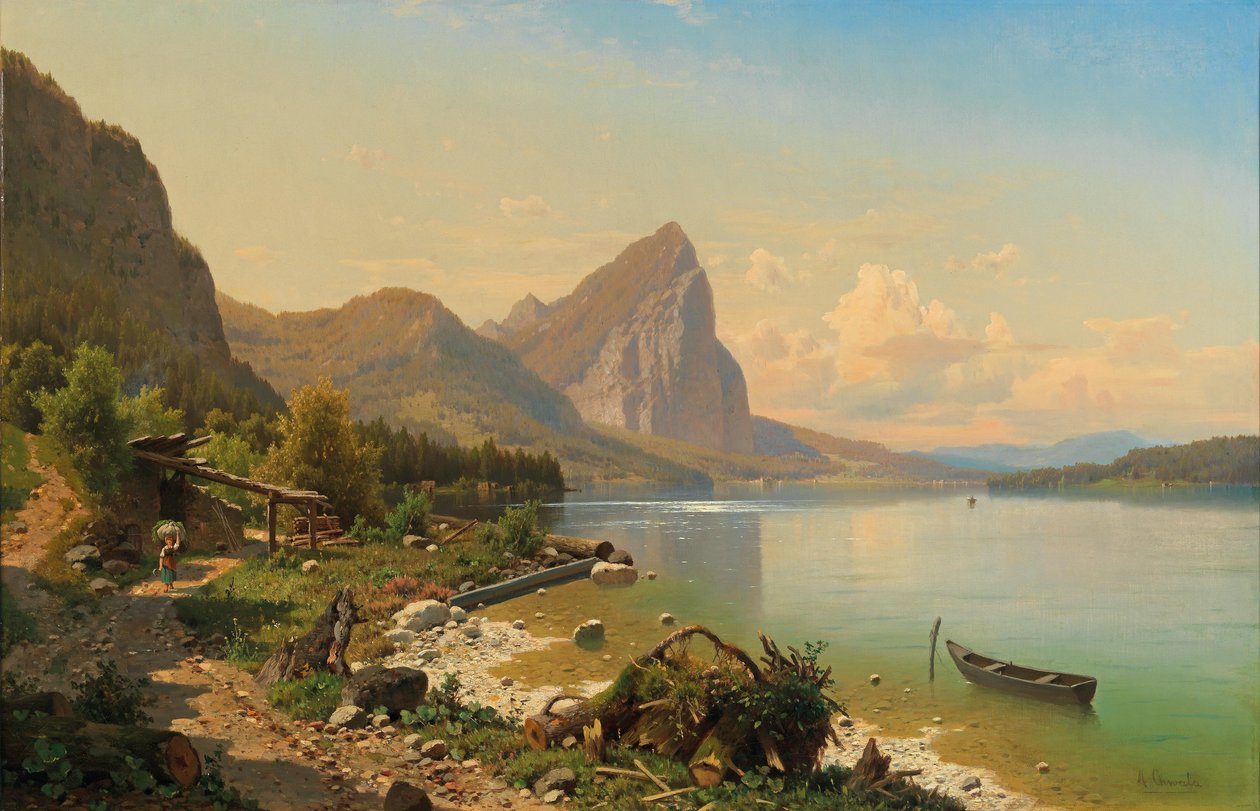 Spil på Mondsee nær Scharfling med udsigt over Drachenwand af Adolf Chwala
