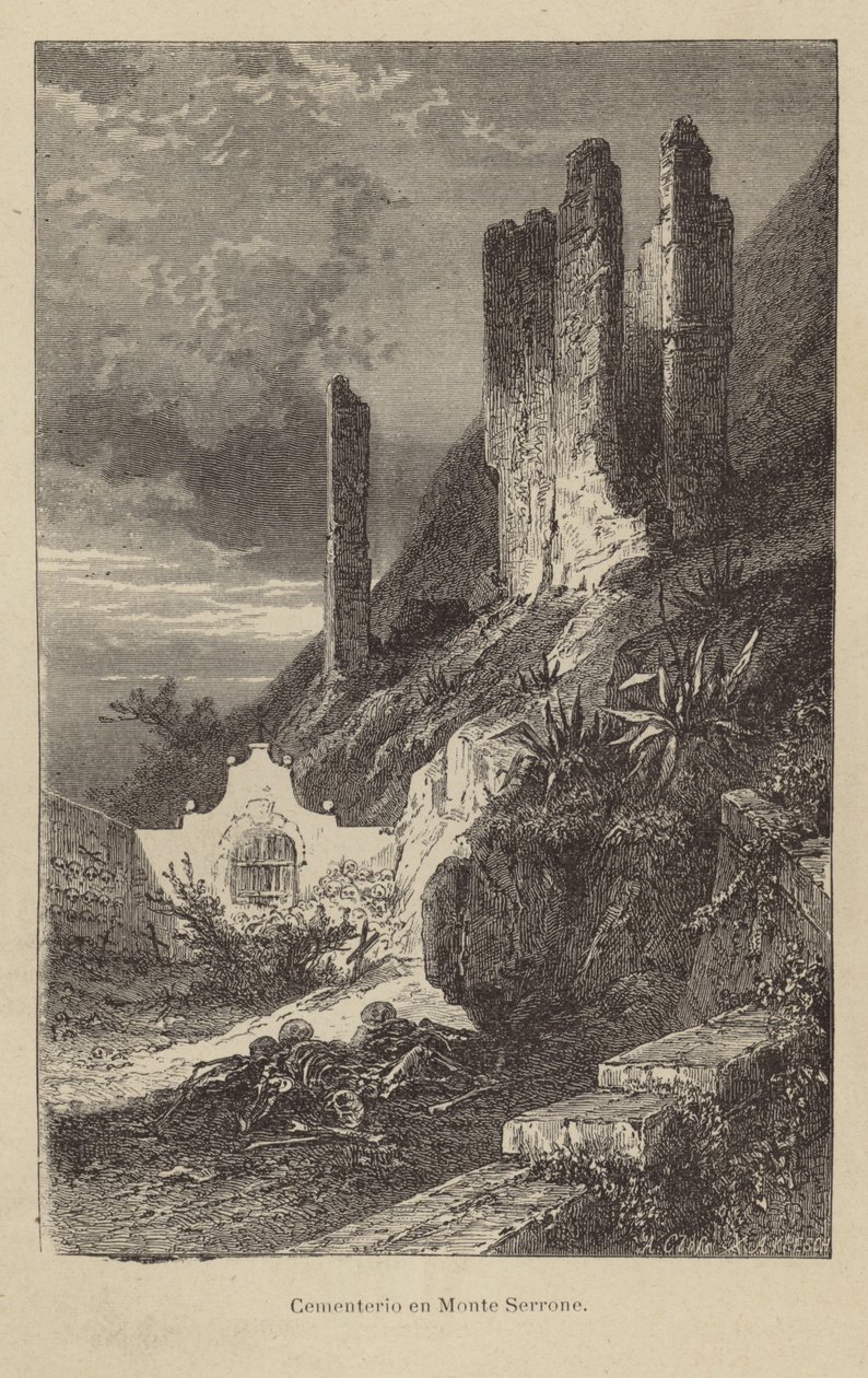 Kirkegård på Monte Serrone (kobberstik) af Adolf Closs