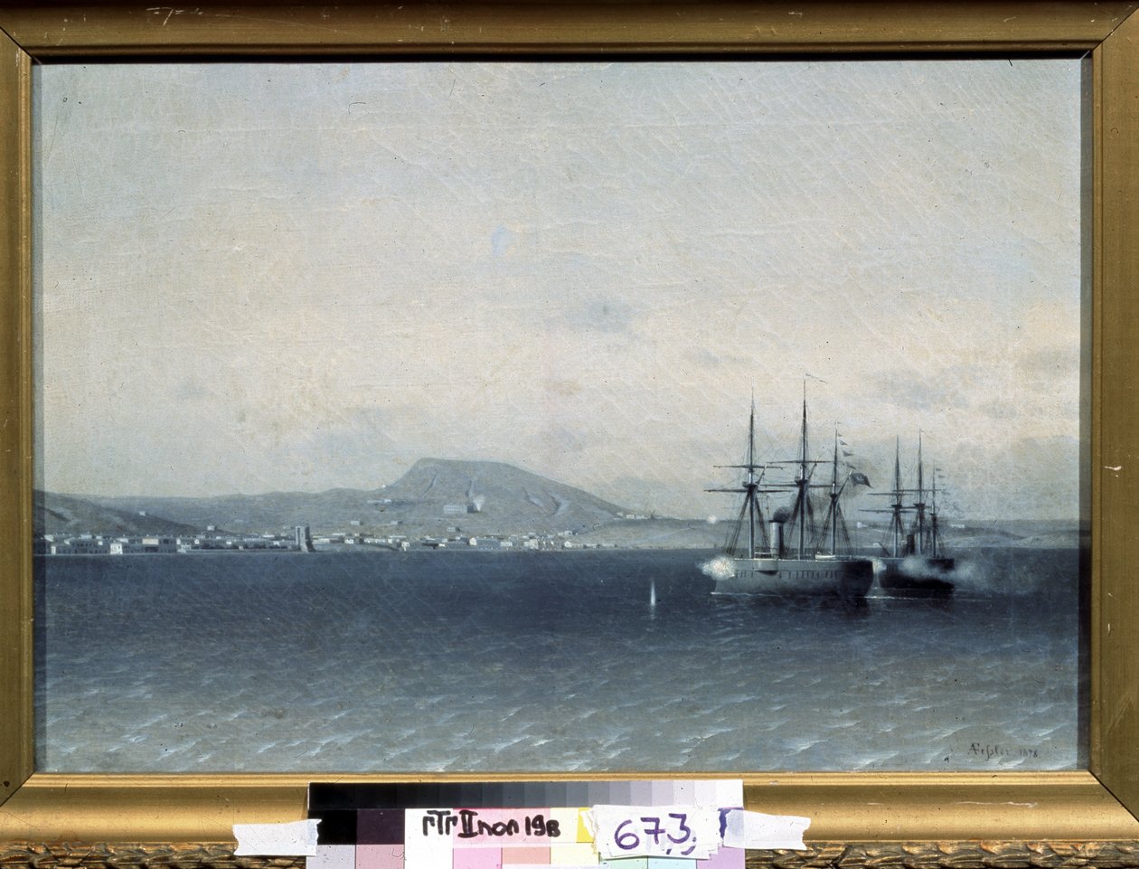 Russisk-tyrkisk (russisk tyrkisk) krig 1877-1878: ""Byen Theodosia (eller Feodosiya) på Krim bombarderet af den tyrkiske flåde i 1878"" (Den tyrkiske flåde bombede byen Feodosiya i 1878) Maleri af Adolf Fessler (1826-1885) 1878 Stat Tretyakov G af Adolf Fessler