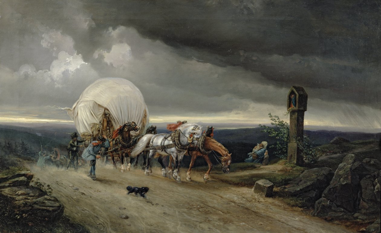 Heste der trækker vogne op ad en bakke, 1856 af Adolf Friedrich