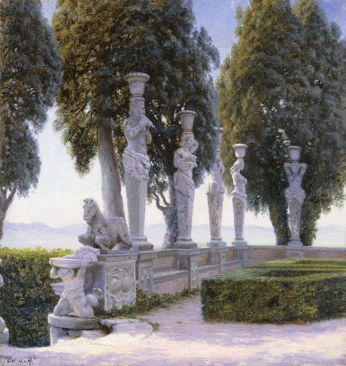 Plads med karyatider på grunden af ​​Villa Farnese, Caprarola; Piazzale delle Cariatidi i parken Palazzo Farnese i Caprarola af Adolf Heinrich Hansen