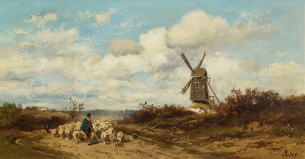 Landskab med vindmølle og hyrder af Adolf Heinrich Lier