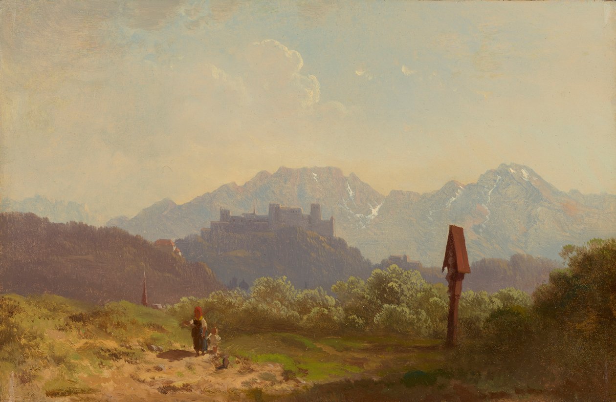 Grund nær Salzburg med udsigt over Hohensalzburg-fæstningen og Untersberg, der knejser bagved af Adolf Heinrich Lier