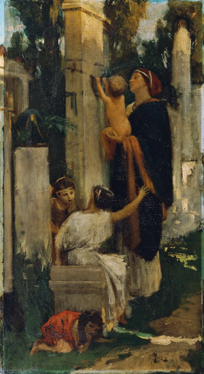 Gammel kirkegårdsscene (kvinde med børn, der dekorerer en grav) af Adolf Hiremy Hirschl