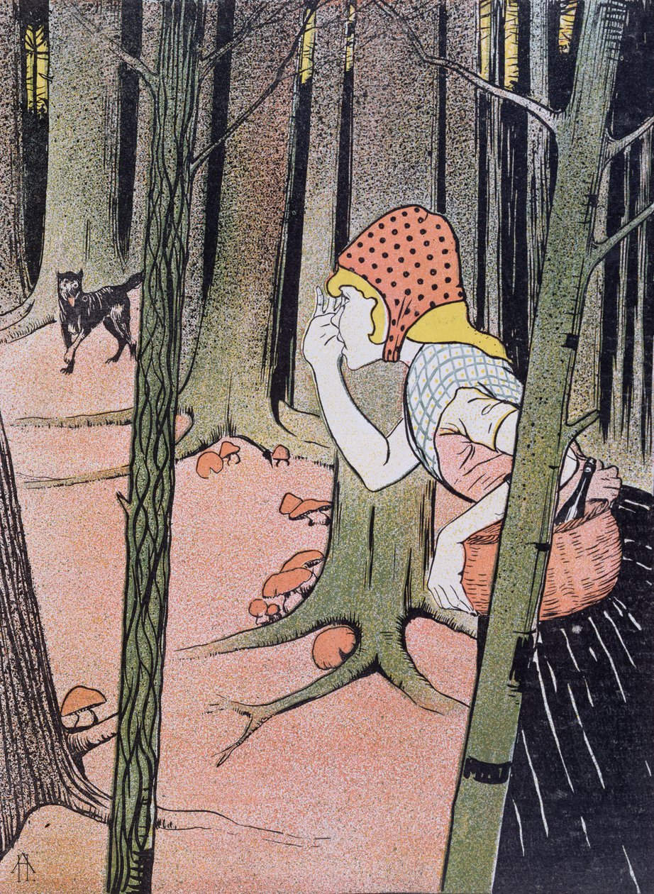Rødhætte ser ulven i skoven, illustration fra Jugend udgivet i München 1896 af Adolf Hofer