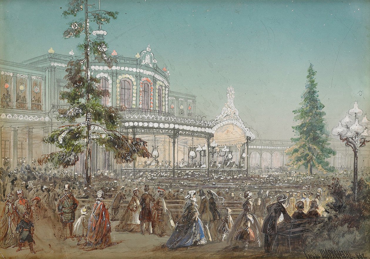 ""Fejring af 25-års jubilæet for Tsarskoje Selo Railroad ved Pavlovsk Railway Station Concert Hall"" af Adolf Charlemagne (1826-1901), Gouache på pap af Adolf Jossifowitsch Charlemagne