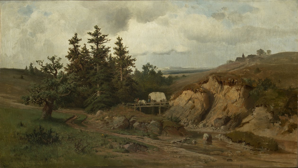 Landskab med en træbro - Landskab med en træbro - Adolf Kosarek (1830-1859). olie på lærred af Adolf Kosárek