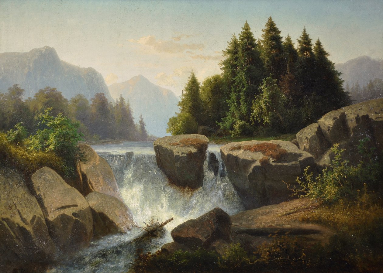 Bjerglandskab med vandfald, ca. 1853 af Adolf Kosárek