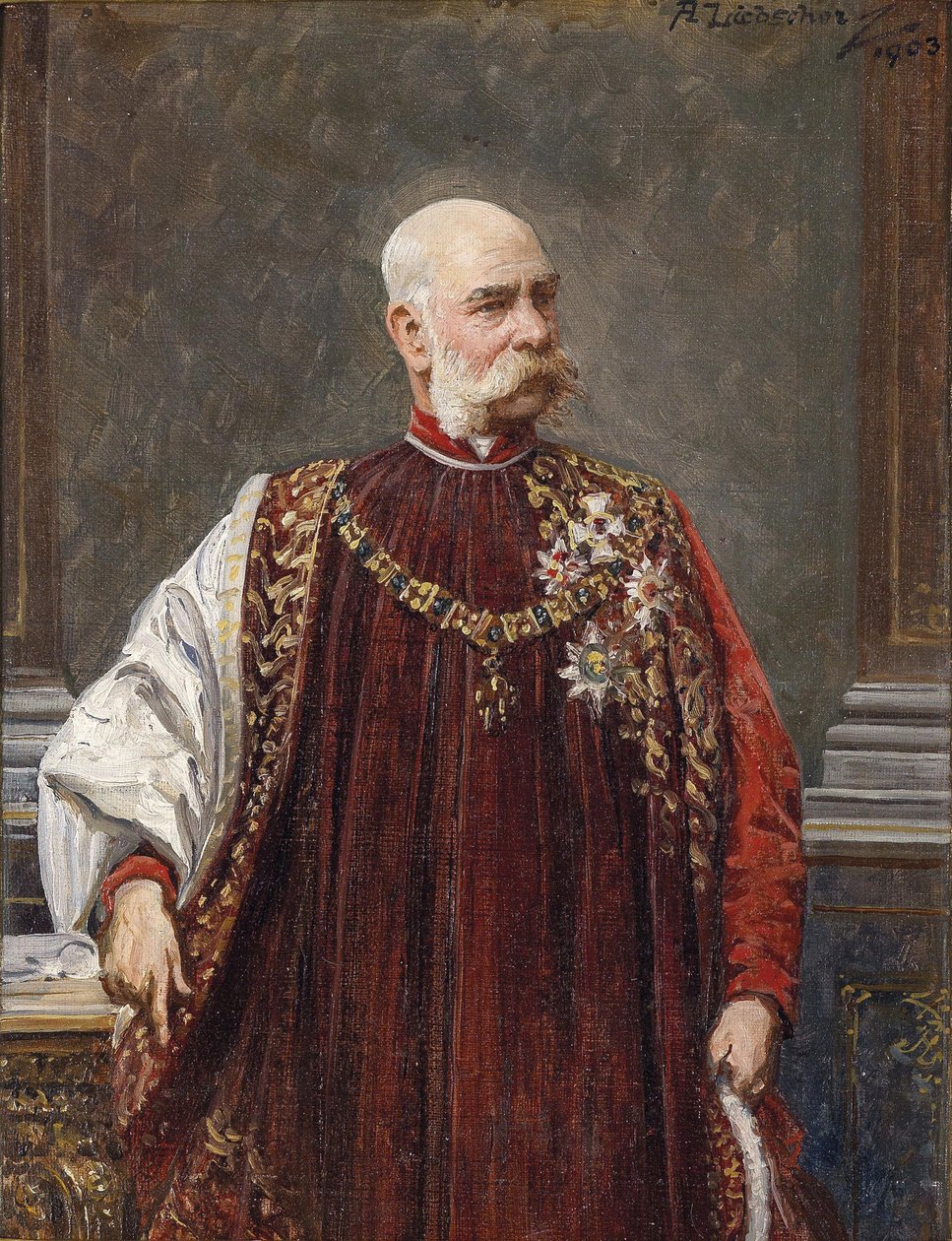 Portræt af Franz Joseph I af Østrig som stormester i det gyldne skind, 1903 af Adolf Liebscher