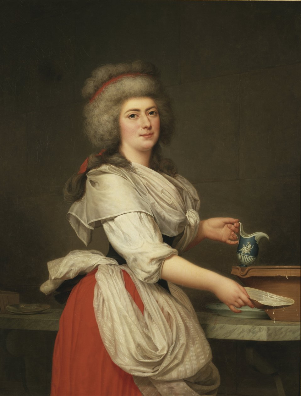 Adelaide Augie (eller Auguier), stuepige hos dronningen som malkepige på Trianon - Madame Adelaide Aughie, veninde af dronning Marie Antoinette, som mejerist i Trianon, af Wertmuller, Adolf Ulrik (1751-1811). olie på lærred af Adolf Ulrich Wertmuller