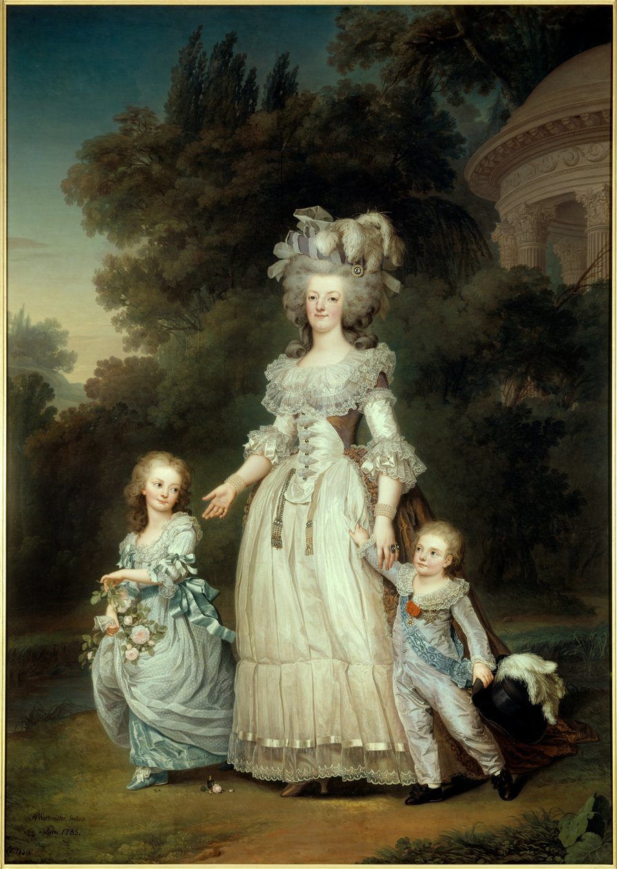 Portræt for foden af dronningen af Frankrig Marie Antoinette (1754-1793) med Marie Therese eller Madame Royale (1778-1851) og den første Dauphin Louis Joseph Xavier Francois eller Louis de France (1781-1789), der går gennem Trianons haver Maleri af Ad af Adolf Ulrich Wertmuller