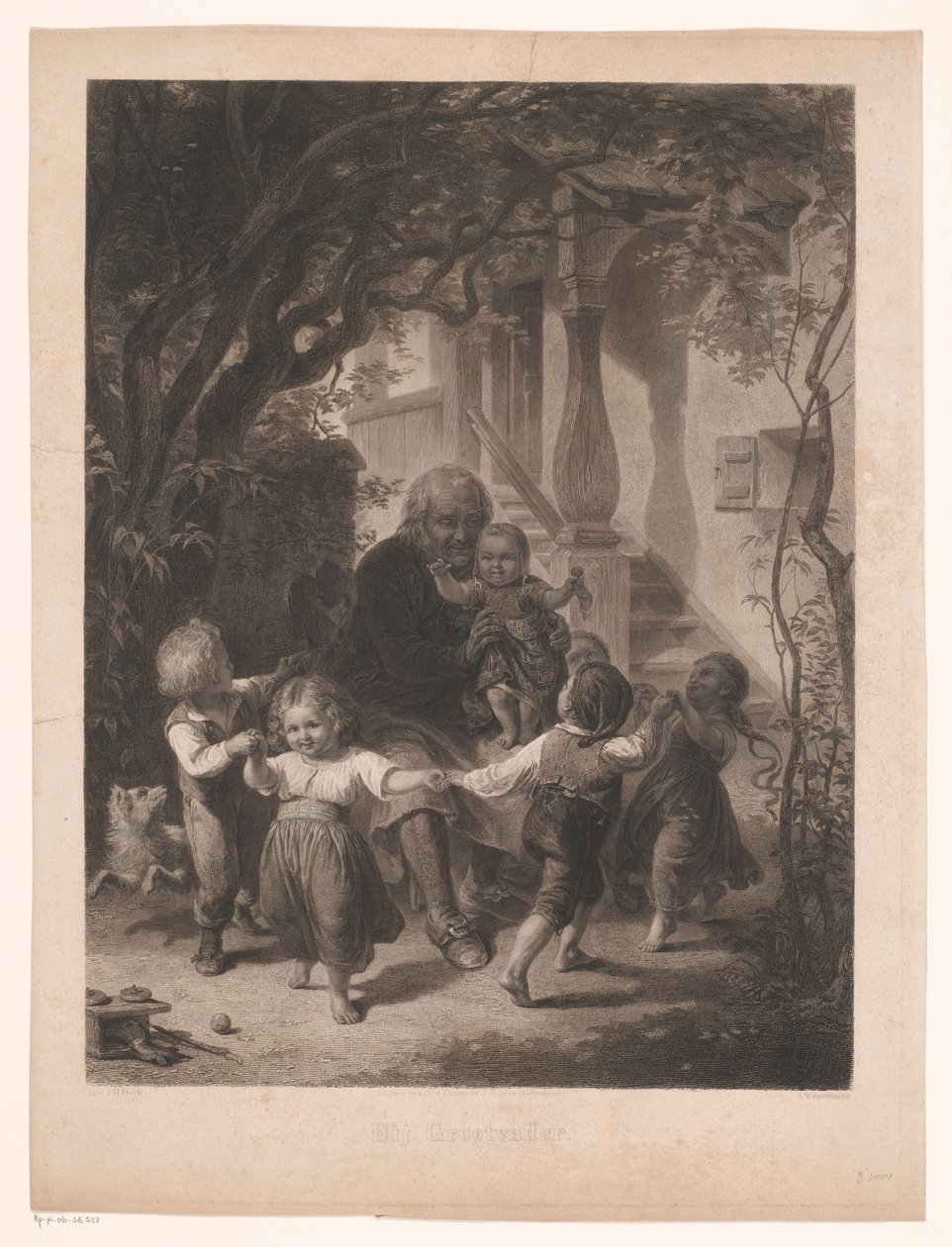 Børn danser i ring omkring en gammel mand Hos bedstefar (titel på objekt) af Adolf Wagenmann