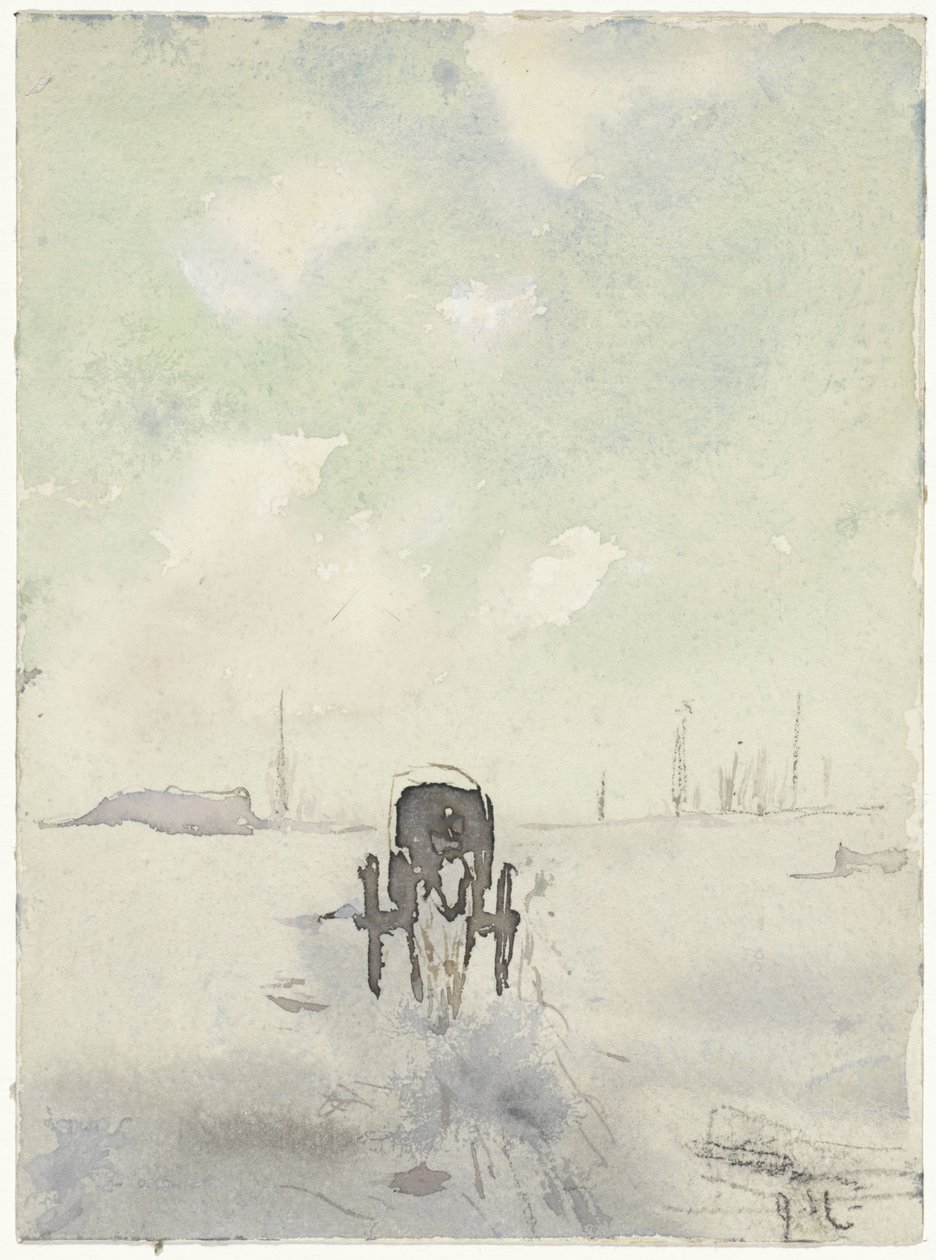 Vinterlandskab med hest og vogn af Adolf le Comte