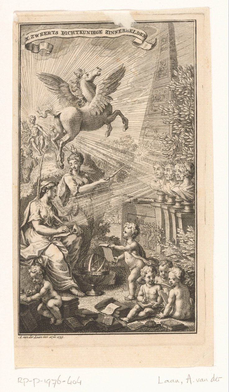 Allegorisk scene med kvindeskrivning, buster, Pegasus og Apollo Titelside for: Cornelis Sweerts, Poetiske symboler, 1736 af Adolf van der Laan