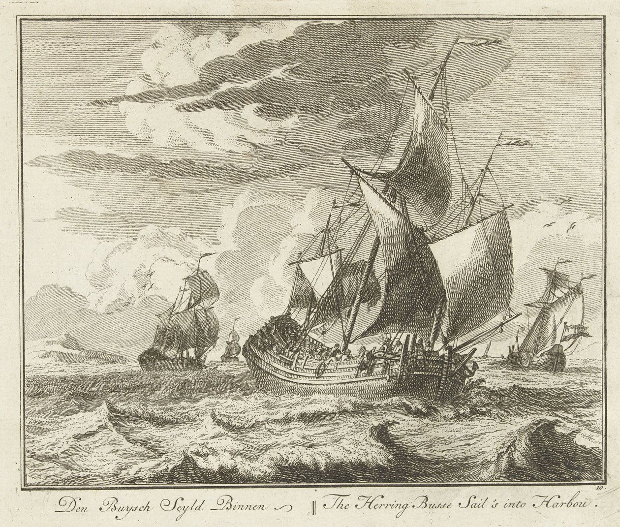 Silderør sejler hjem, ca. 1725 Den Buysch Seyld Binnen / The Herring Busse Sail