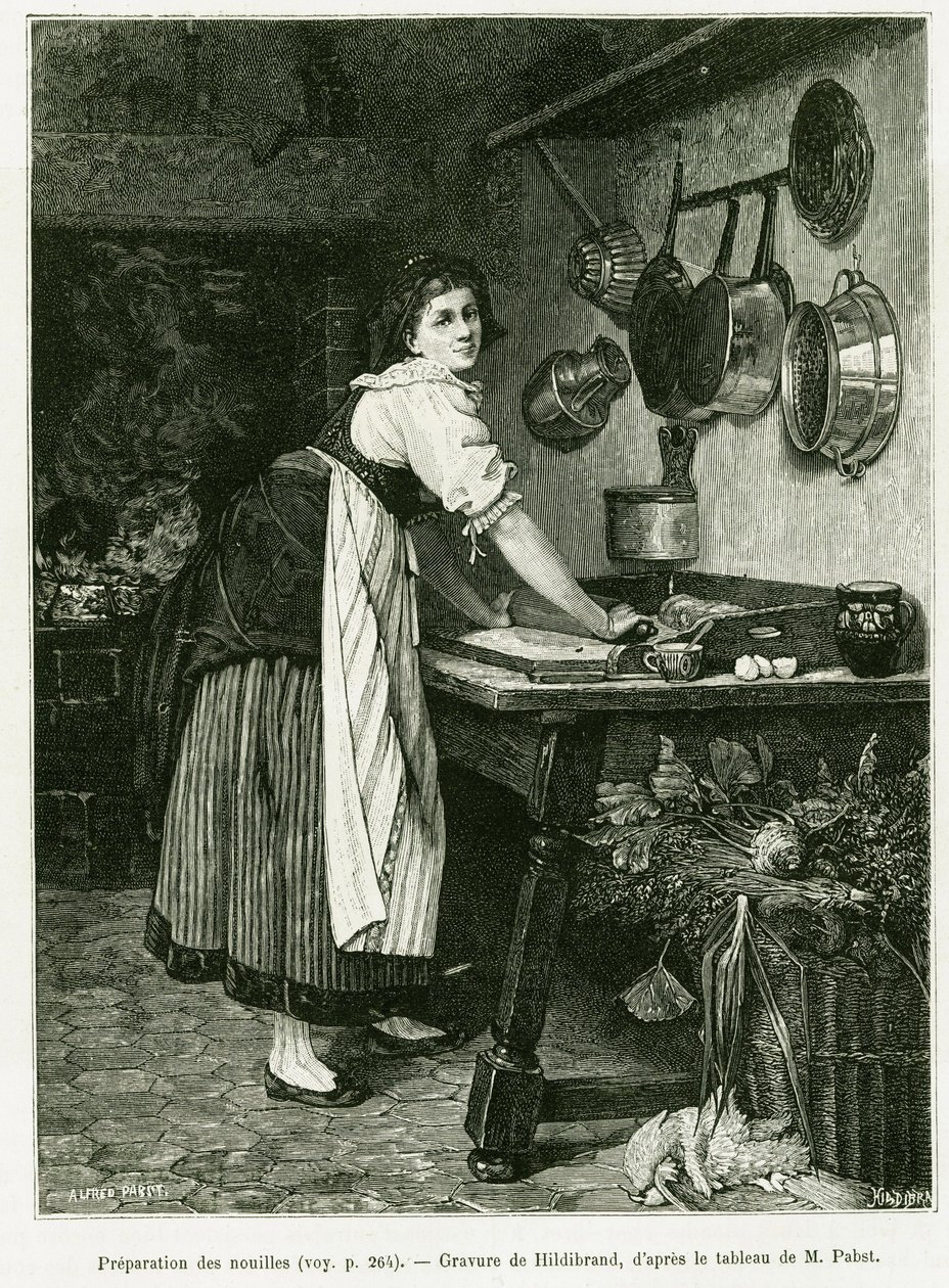 Forberedelse af nudler. Gravering af Hildibrand, for at illustrere historien A Through Alsace and Lorraine, i 1887, af Charles Grad, tysk deputeret, i tour du monde 1888, instrueret af Edouard Charton (1807-1890), Hachette, Paris. af Adolf von Hildebrand