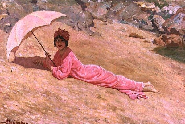 Pige liggende på stranden med en lyserød parasol (olie på lærred) af Adolfo Belimbau