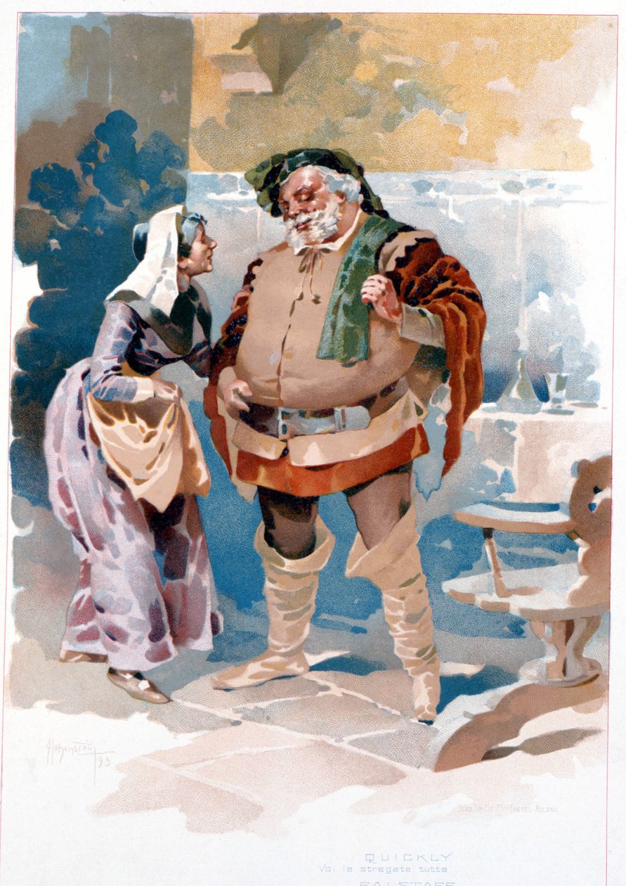 Akt III i operaen af ​​Giuseppe Verdi "" Falstaff "": Falstaff og hurtigt ("Du forhekser dem alle ..."). Illustration af Hohenstein. La Scala teatermuseum, Milano 1893 af Adolfo Hohenstein