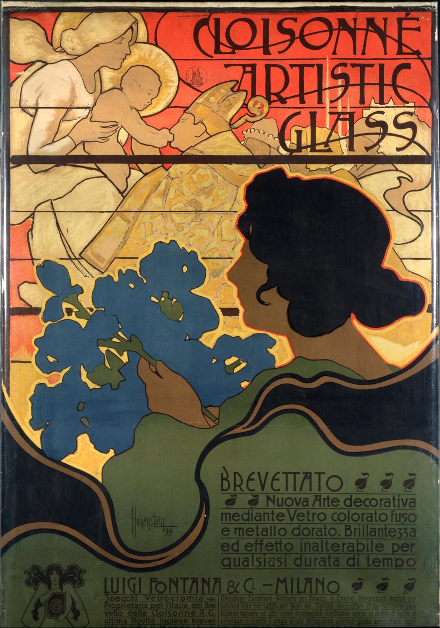 Reklameplakat for Cloisonne Glass med en julekrybbe af Adolfo Hohenstein