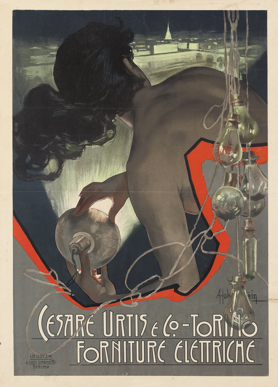 Reklameplakat produceret for det italienske lysforsyningsfirma Cesare Urtis & Co. i Torino, 1889 af Adolfo Hohenstein