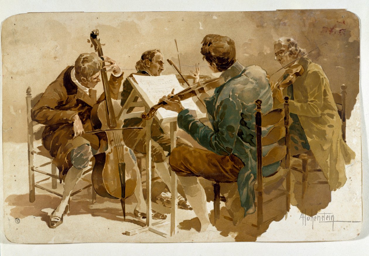 Fire musikere Tre violinister og en cellist. Plakat af Adolfo Hohenstein (1854-1928) Dim. 293x454 cm Privat samling af Adolfo Hohenstein