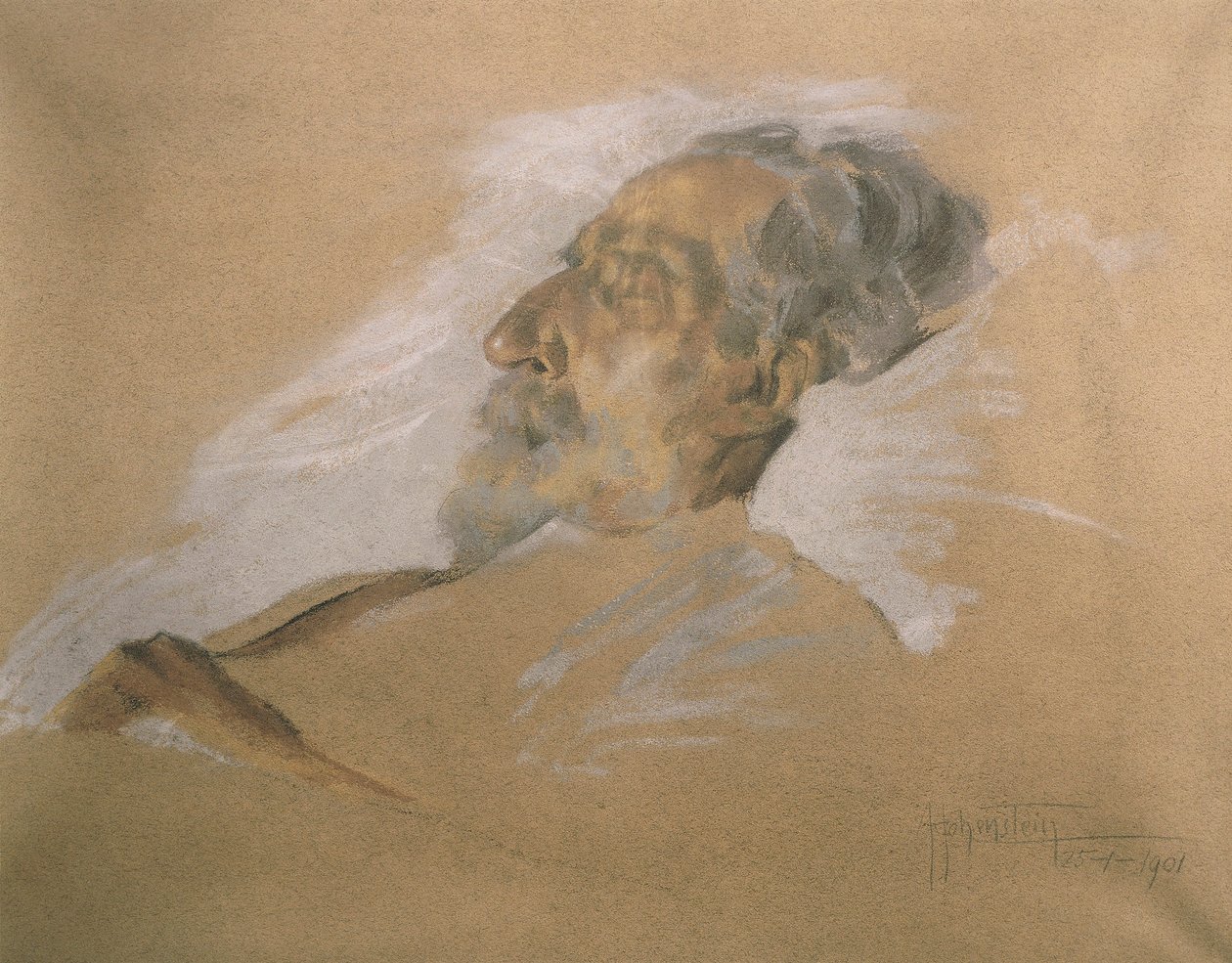 Giuseppe Verdi på sit dødsleje (blyant med vask og hvid forhøjning på papir) af Adolfo Hohenstein