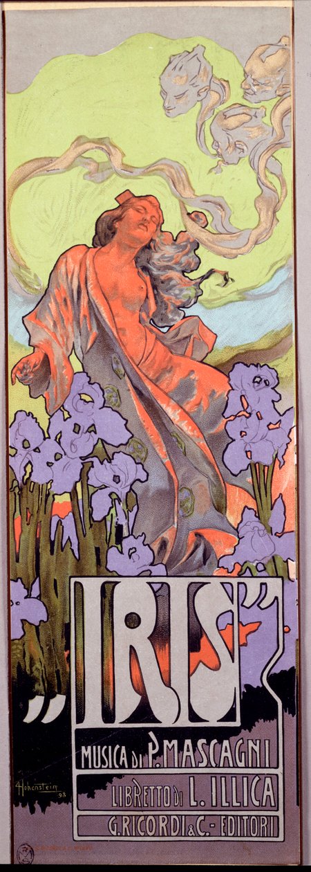 Iris Opera komponeret af Pietro Mascagni og italiensk libretto af Luigi Illica (1898). Plakat illustreret af Adolfo Hohenstein (1854-1928) 1910 Dim. 10x29,5 cm Milanesisk privatsamling af Adolfo Hohenstein