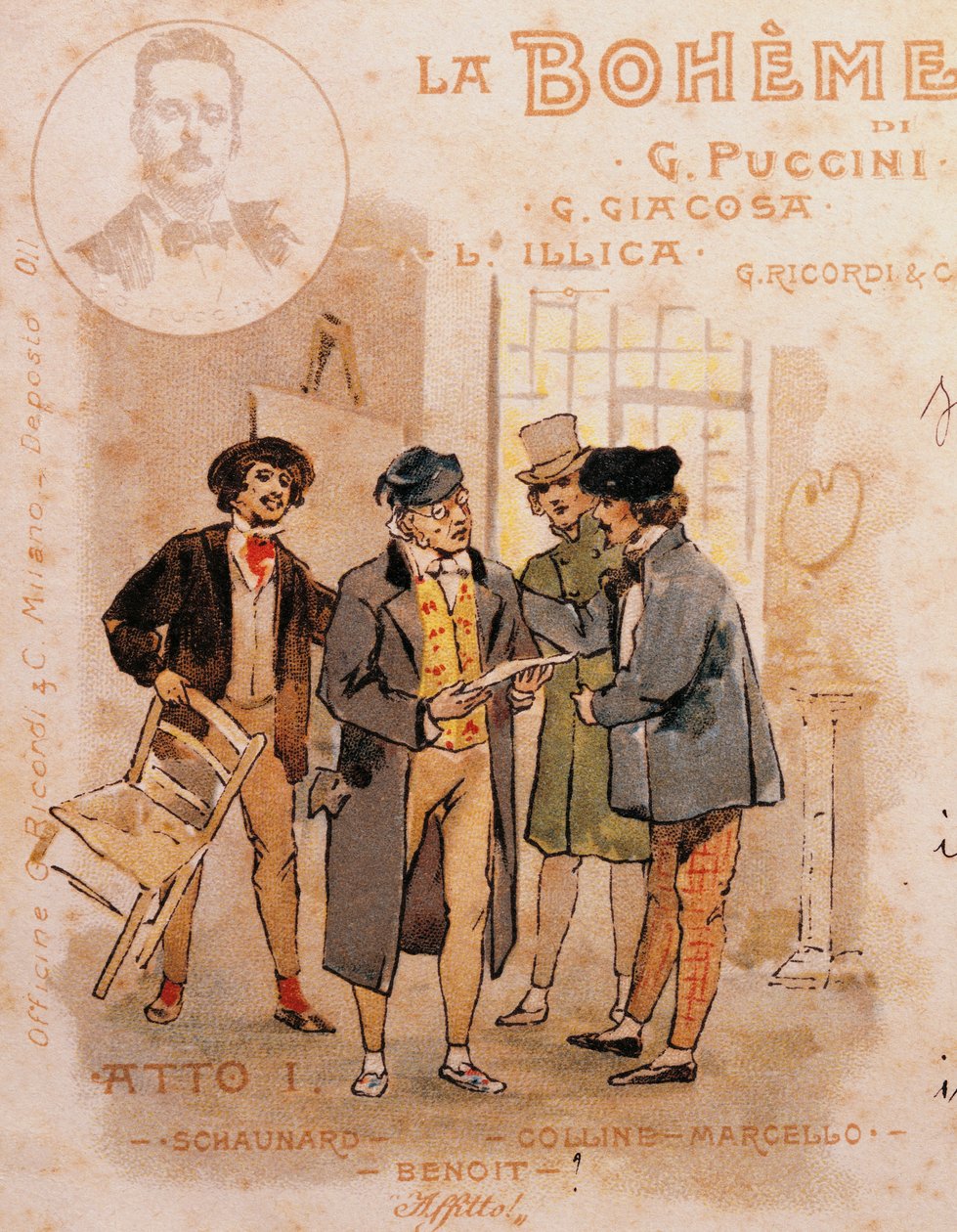 Postkort af Adolf Hohenstein (1854-1928) til første opførelse af La Boheme af Adolfo Hohenstein
