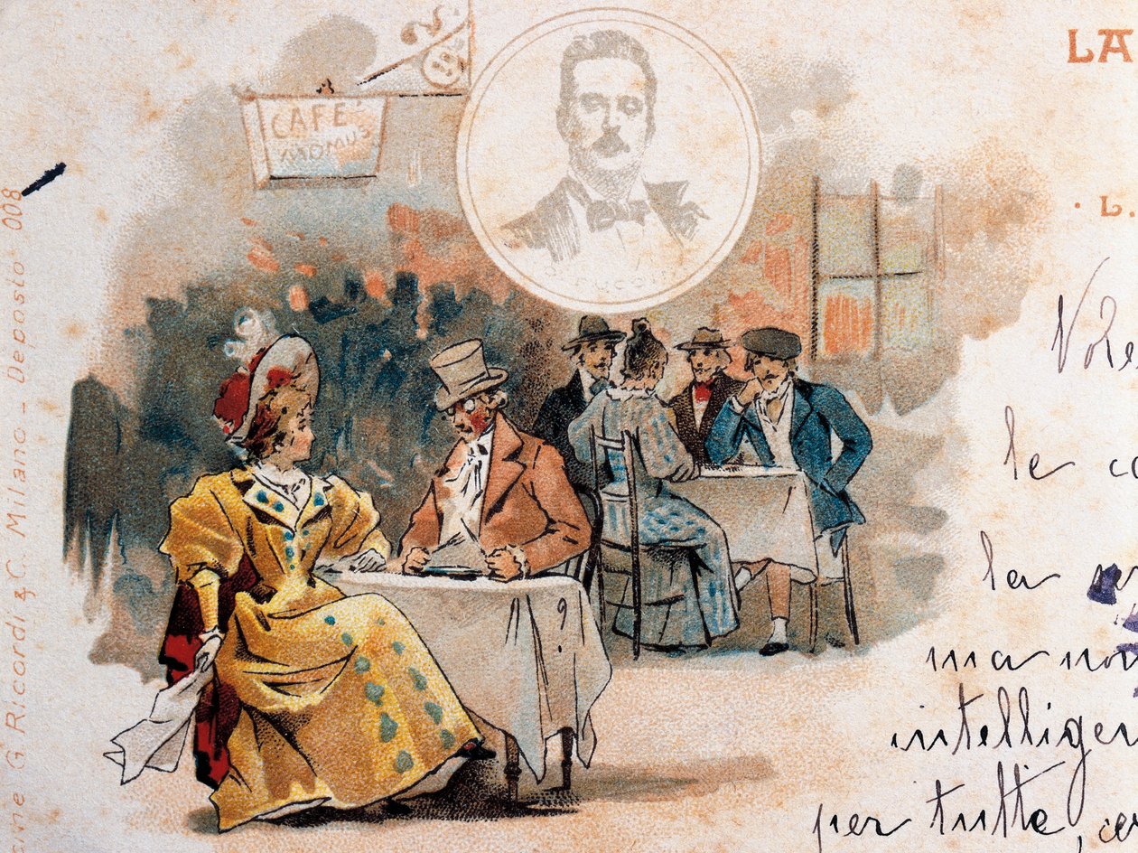 Postkort af Adolfo Hohenstein (1854-1928) skabt i anledning af premieren på operaen La Boheme af Giacomo Puccini (1858-1924), der viser scene fra anden akt af Adolfo Hohenstein