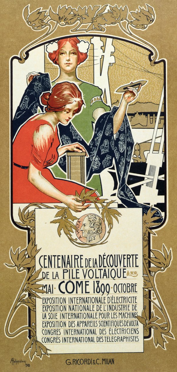 Plakat, der reklamerer for hundredåret for opdagelsen af den voltaiske bunke, 1899 af Adolfo Hohenstein