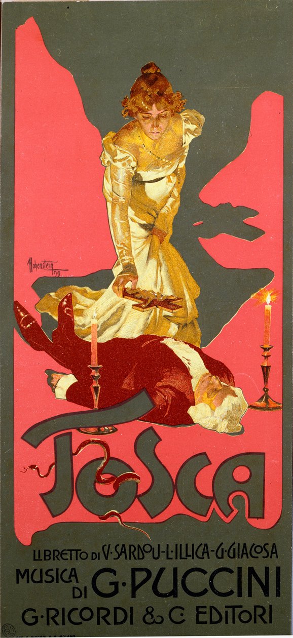 Plakat i Liberty-stil til operaen "La Tosca" af Giacomo Puccini (1858-1924) 1906 Dim. 30x13,5 cm Illustration af Adolfo Hohenstein (1854-1928) Milanos privatsamling af Adolfo Hohenstein