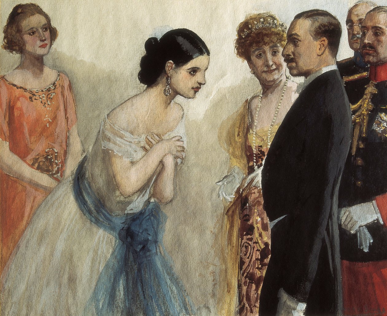Præsentation af en dame for Alfonso (Alphonse) XIII af Spanien (1886-1941). Maleri af Adolfo Lozano Sidro (1872-1935), olie på lærred. Privat samling. af Adolfo Lozano Sidro