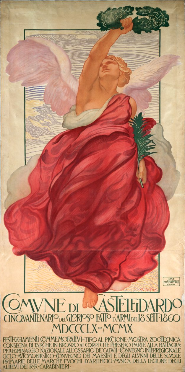 Plakat til halvtredsårsdagen for slaget ved Castelfidardo af Adolfo de Carolis
