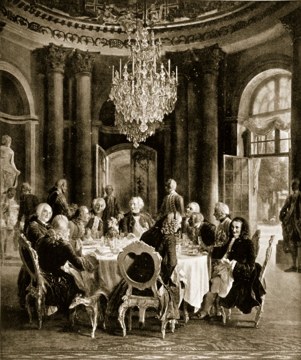Frederik den Store underholdt Voltaire i Sanssouci, Tyskland af Adolph Menzel