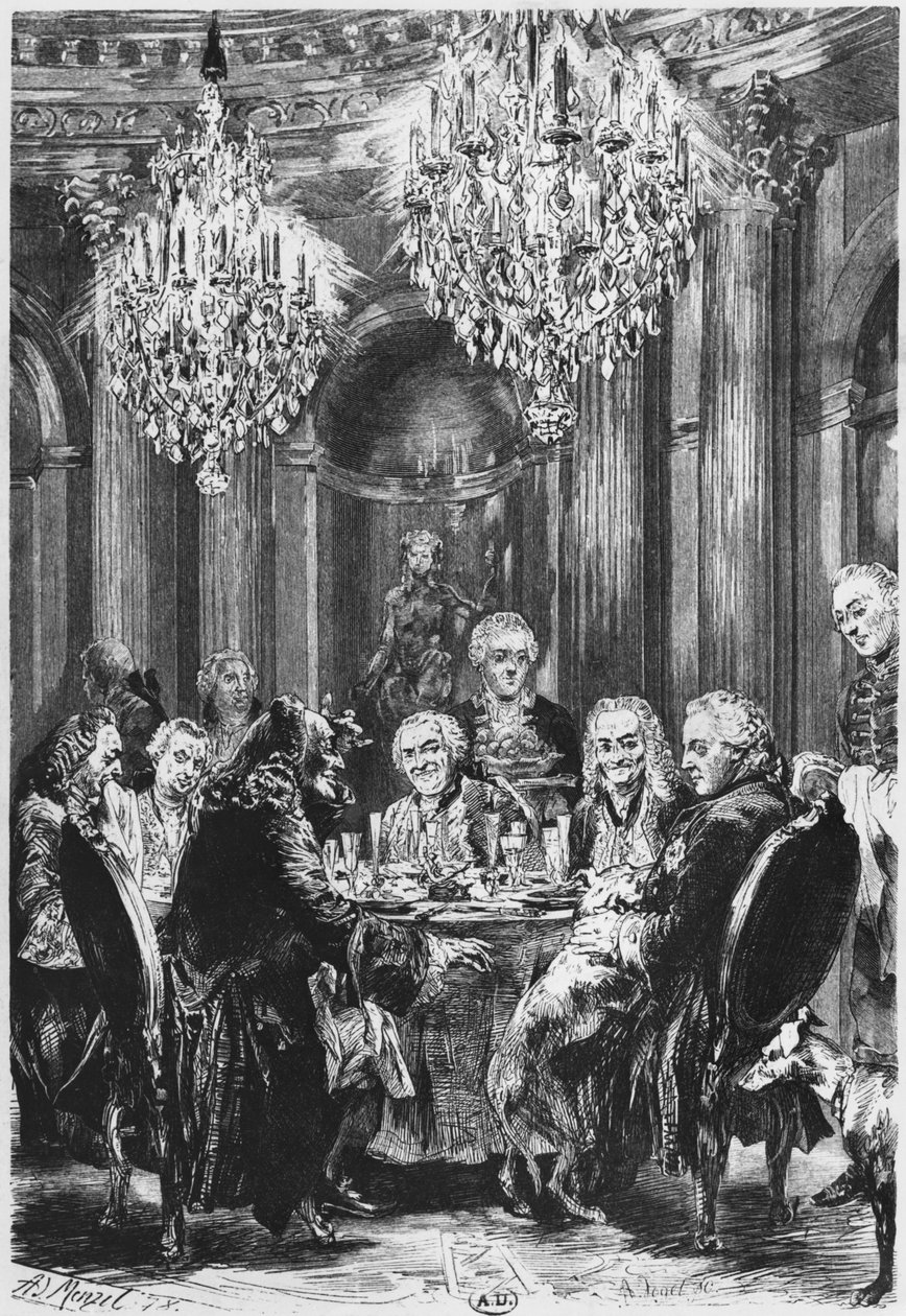 Voltaire med kong Frederik II af Preussen (1712-86) i Sanssouci nær Potsdam, 1878 af Adolph Menzel