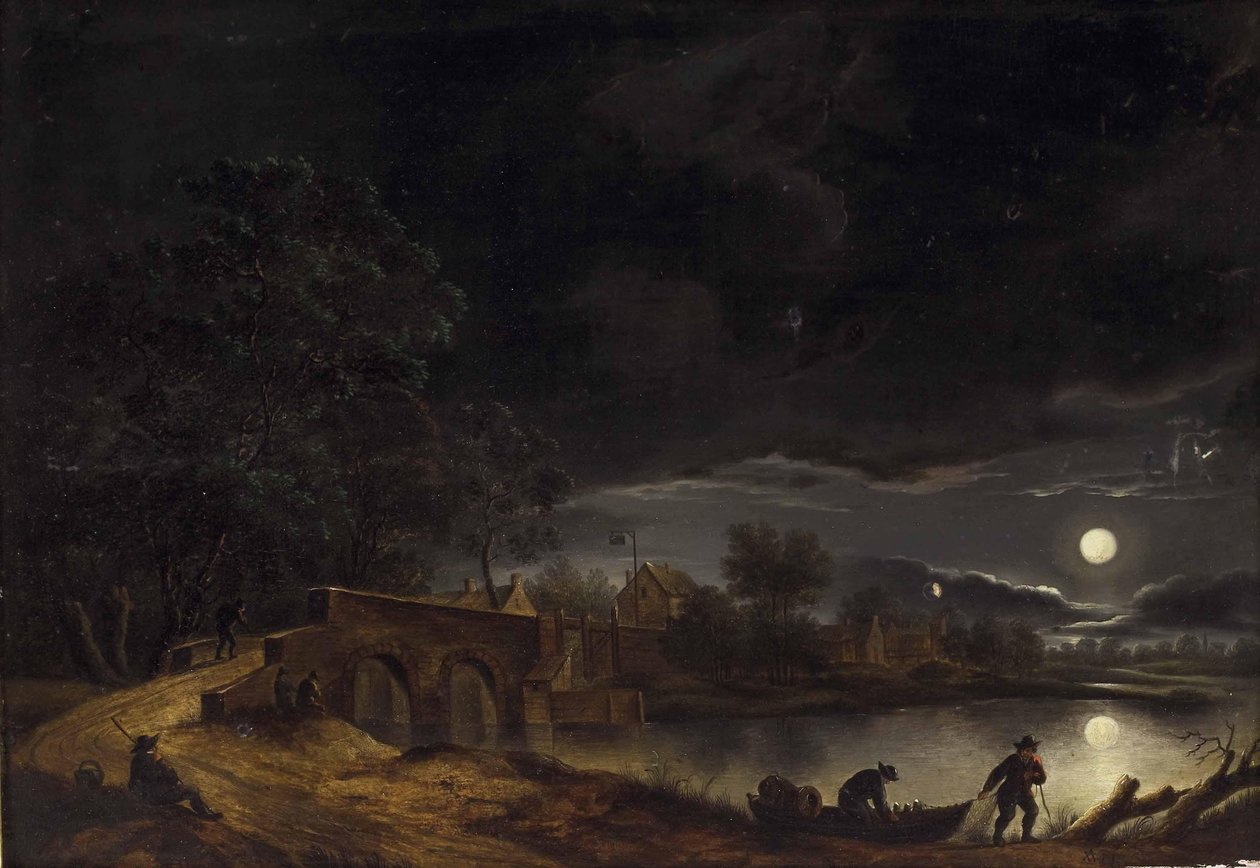 Fuldmåne over landsbyen ved floden med bro og personale af Adolph Friedrich Vollmer