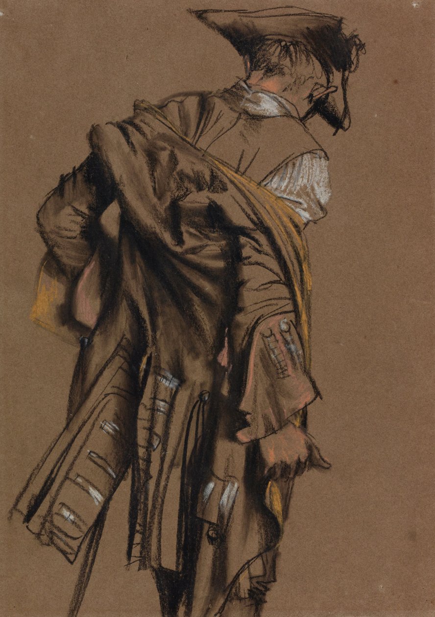 Kunstners model, set bagfra, iført en uniform fra det attende århundrede af Adolph Menzel