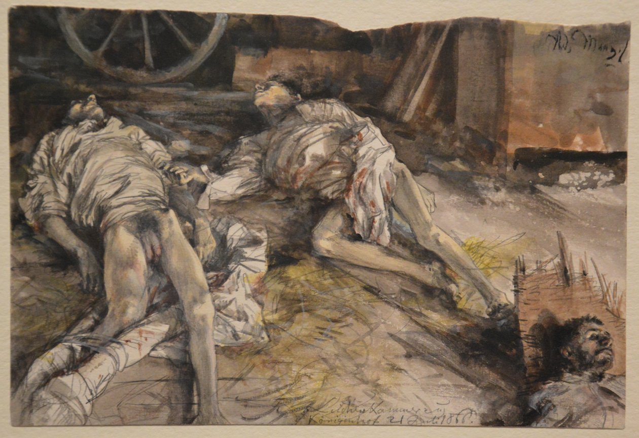 Tre faldne soldater i en stald af Adolph Menzel