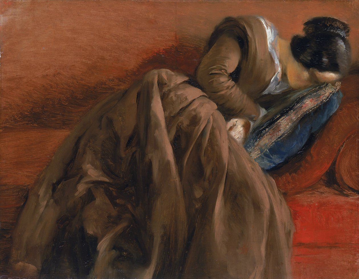 Emilie, kunstnerens søster, sovende, ca. 1848 (olie på papir monteret på lærred) af Adolph Menzel