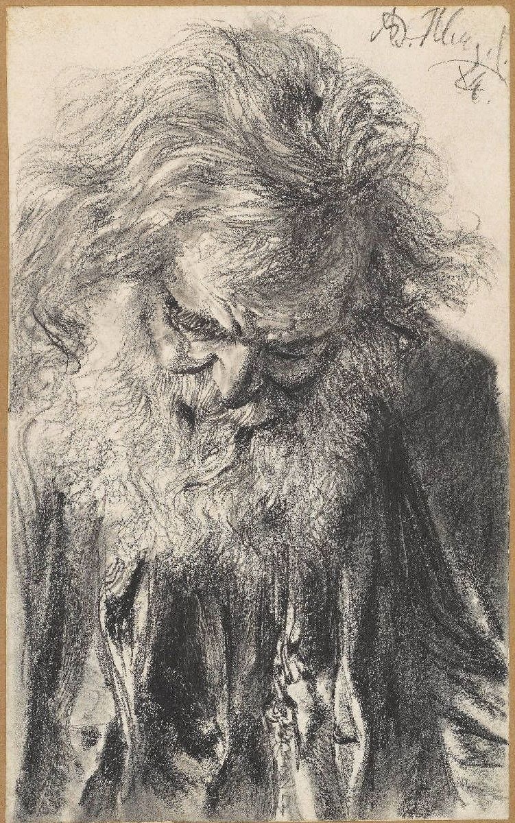 Halv længde af en skægget gammel mand med bøjet hoved af Adolph Menzel
