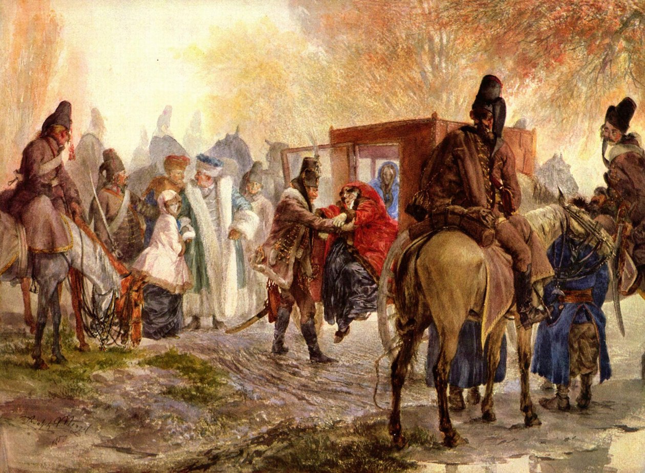 Husarer opdrager en polsk familie af Adolph Menzel