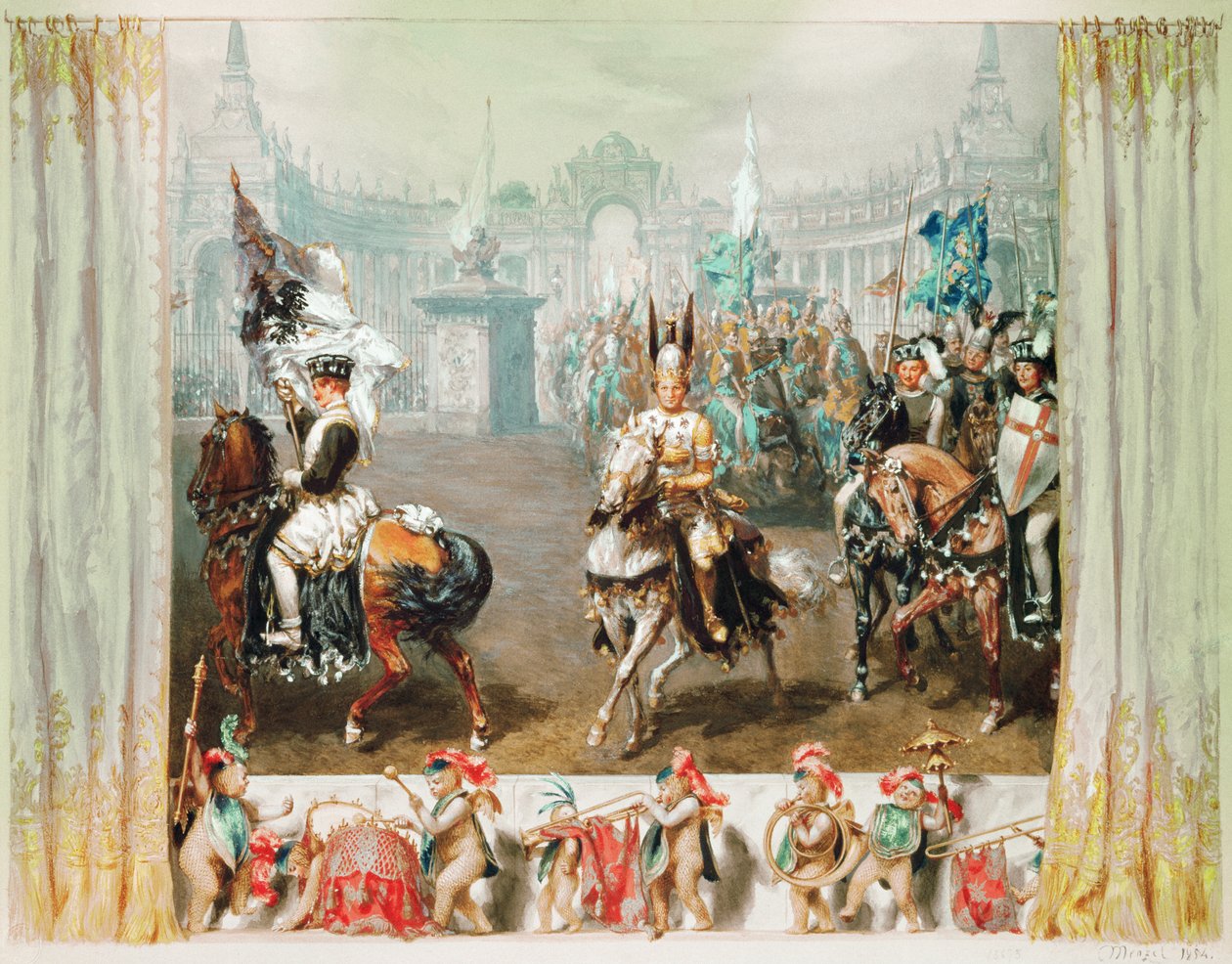 Ridderturnering, 1854 (wc und gouache på papir) af Adolph Menzel